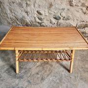 Vintage bamboo and rattan coffee table with magazine rack, French, circa 1960–1970.