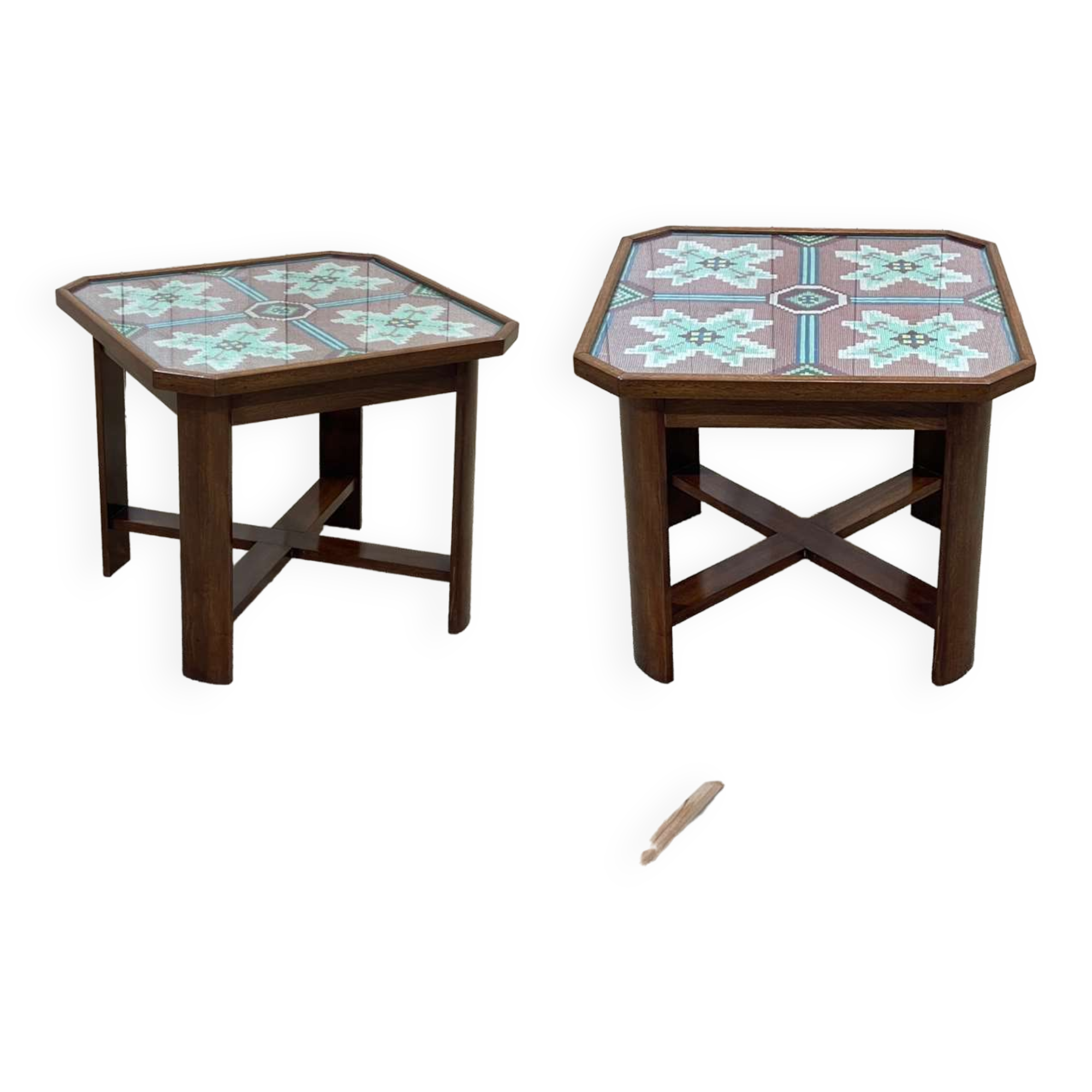 Art Deco side table in mahogany and top covered with a fabric under glass plate