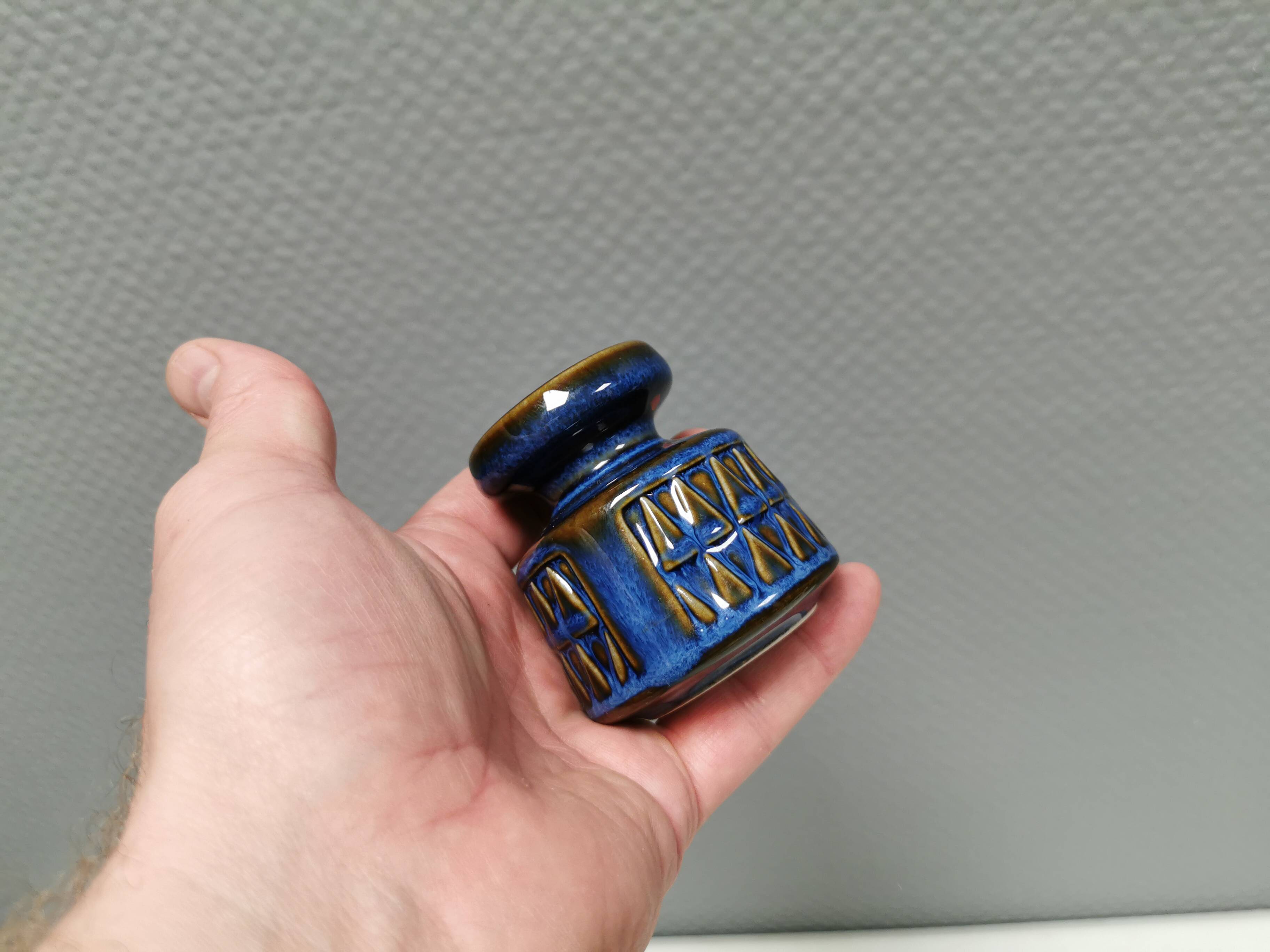 Small candle holder in blue glaze from Danish Søholm 1970s.