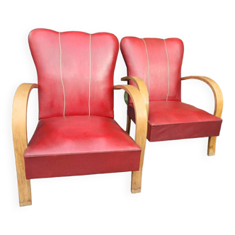 2 leatherette and wood armchairs