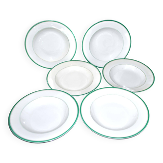 Set of 6 old U&C porcelain soup plates with green edging