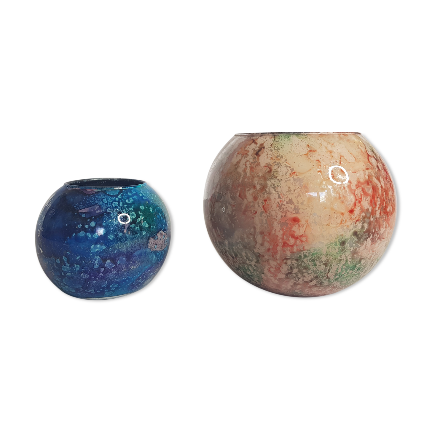 Set of two hand lacquered glass ball vases signed "Laque Line" and "Jean-Noel Bouillet"