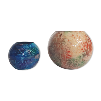 Set of two hand lacquered glass ball vases signed "Laque Line" and "Jean-Noel Bouillet"