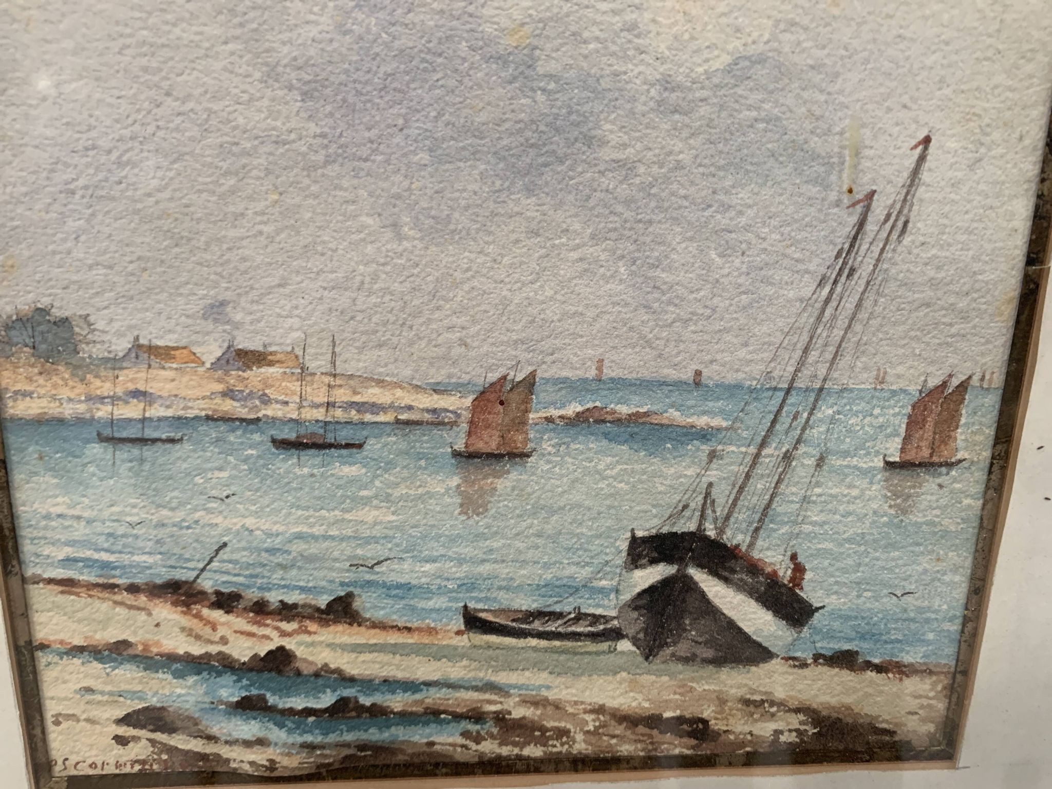 Marine watercolor "Sailboat at sea and stranded on the beach" 20th century