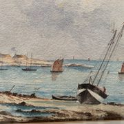 Marine watercolor "Sailboat at sea and stranded on the beach" 20th century