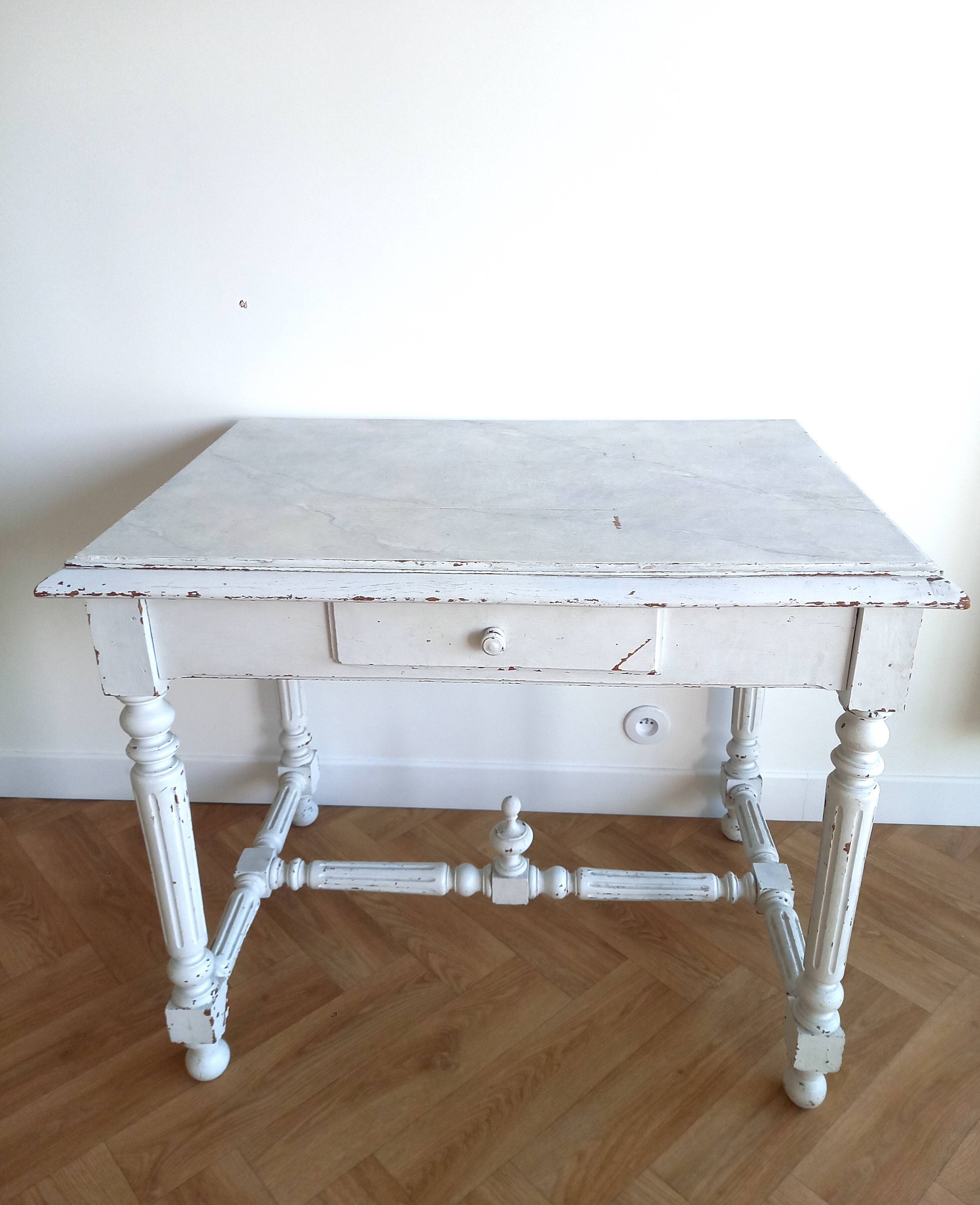 Henri II style desk in painted wood with trompe-l'oeil marble