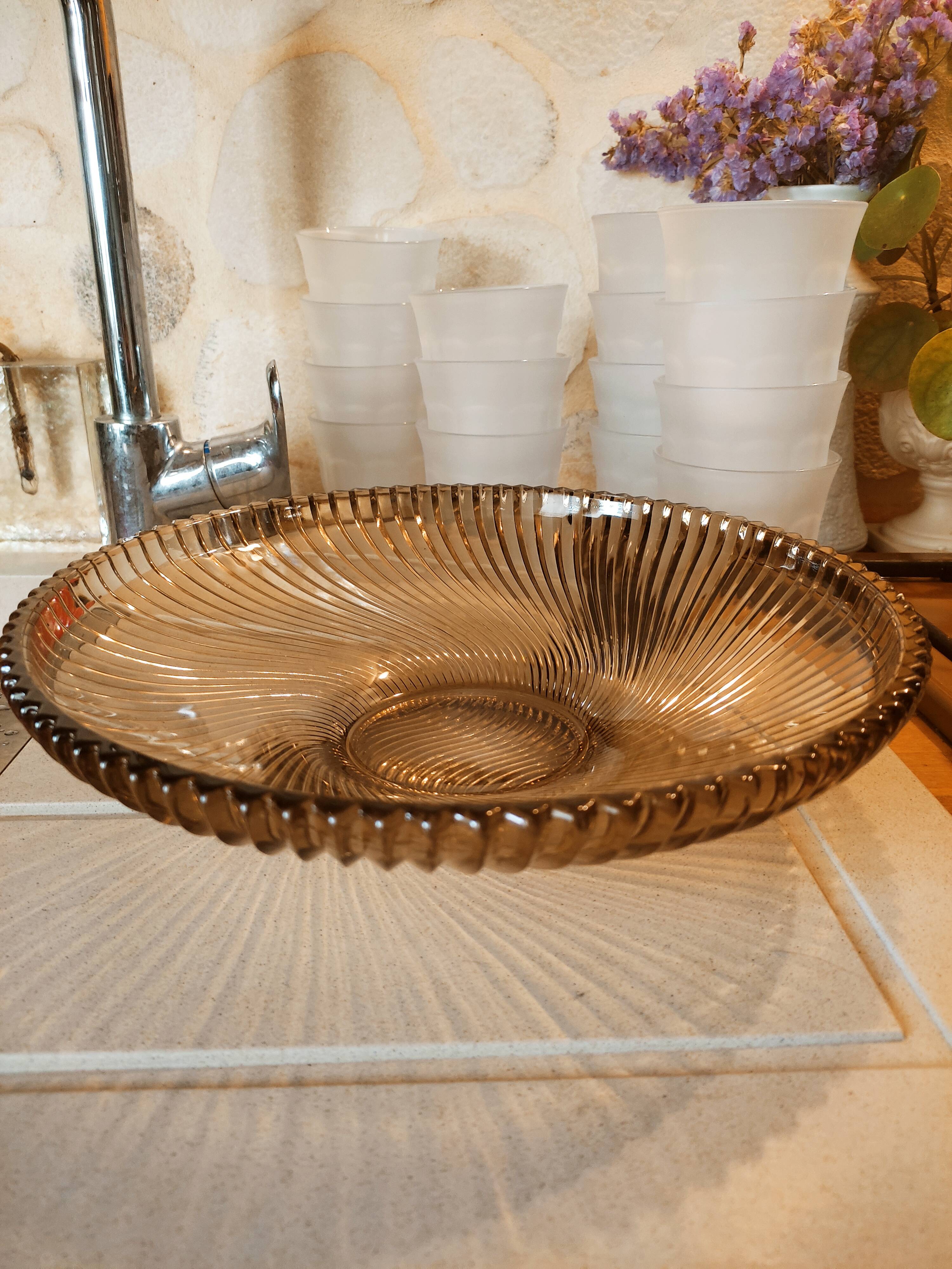 Art Deco cut or dish in smoked glass