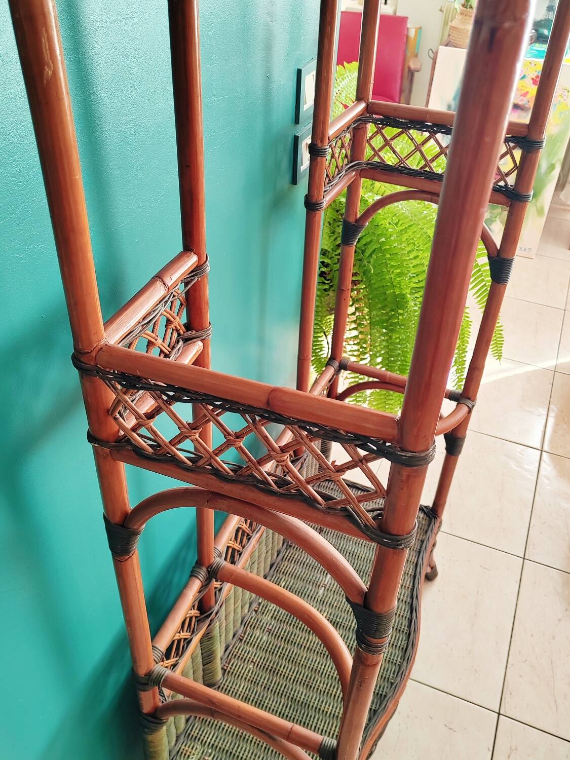 Antique rattan and bamboo coat rack