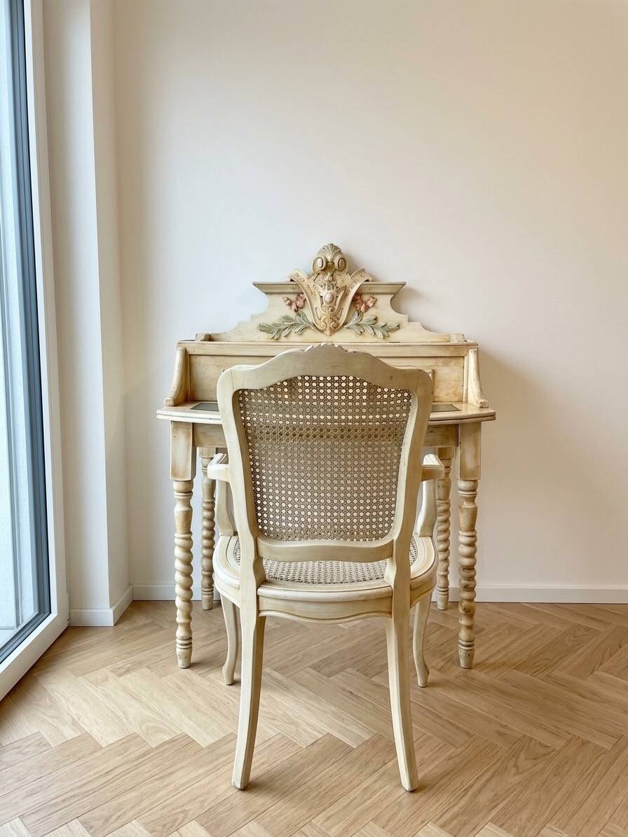 Old Hairdresser / Console / Small Secretary Desk + Rattan Chair