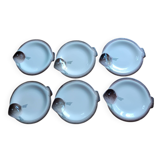 6 assiettes faience de Longwy modèle Copenhague en forme de poisson