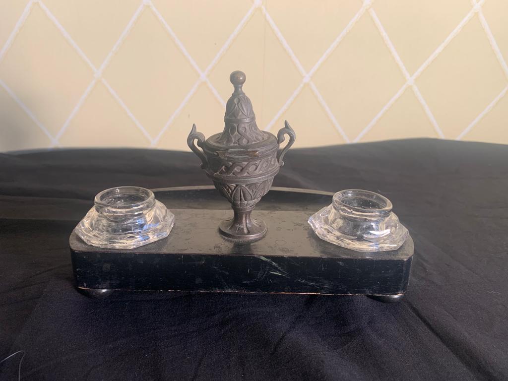 Bronze and wood inkwell