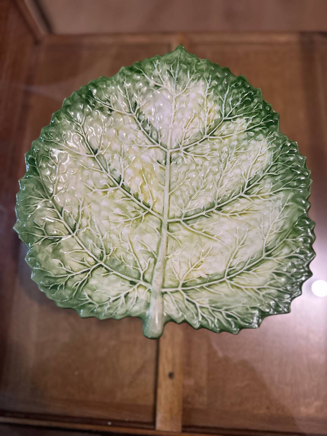 Vintage Signed GV Ceramic Barbotine Cabbage Leaf