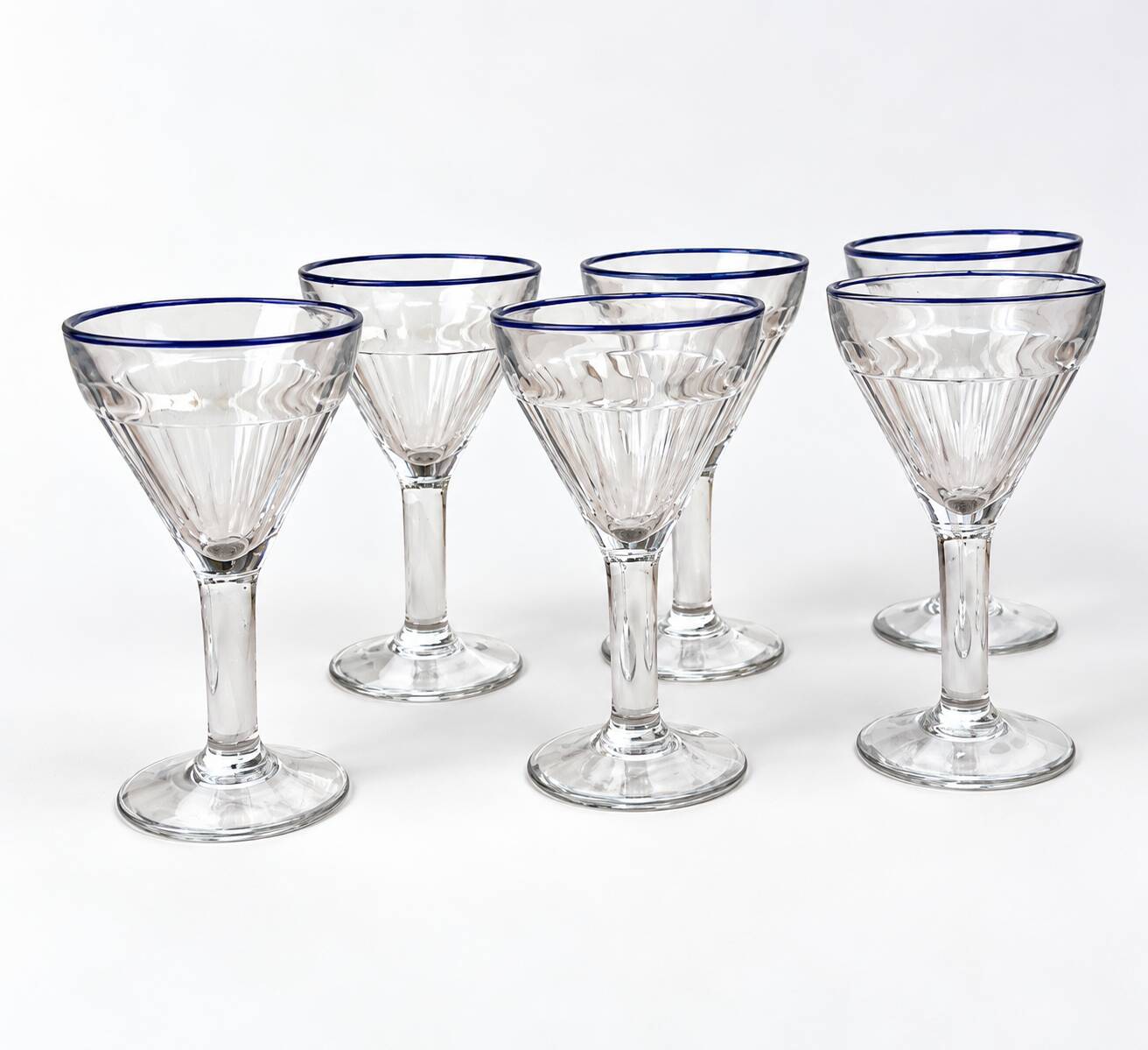 Set of 6 vintage bistro glasses – Art Deco style – Cobalt blue rim