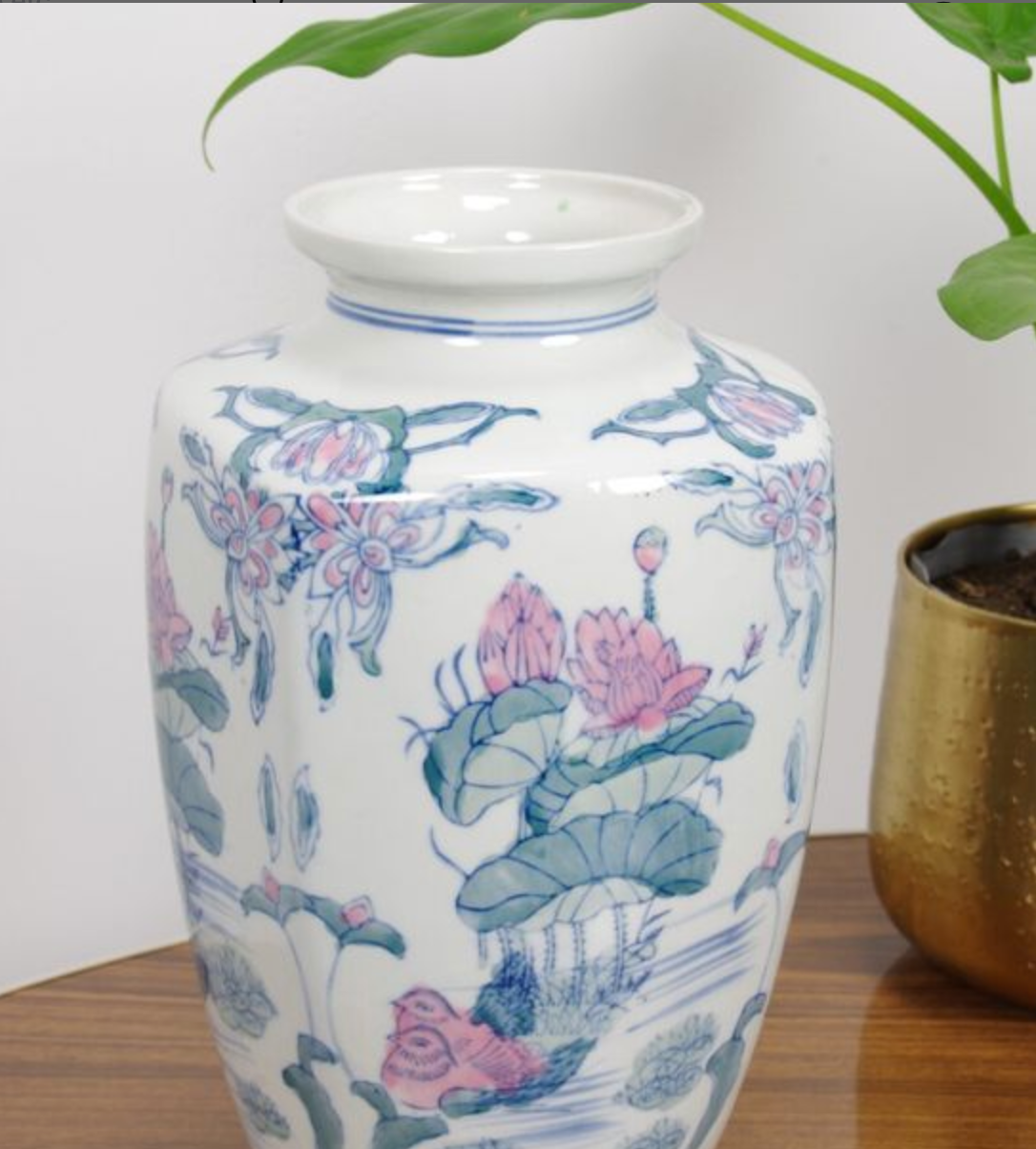 Vintage porcelain vase with pink flowers