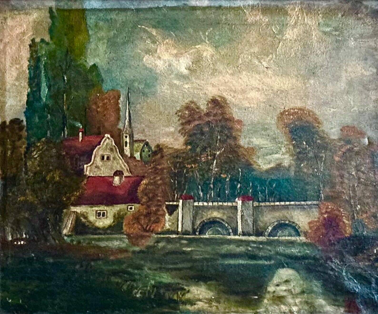 1860s French Barbizon Oil on Canvas – Village Bridge & Riverscape