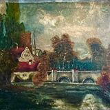 1860s French Barbizon Oil on Canvas – Village Bridge & Riverscape