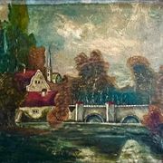 1860s French Barbizon Oil on Canvas – Village Bridge & Riverscape