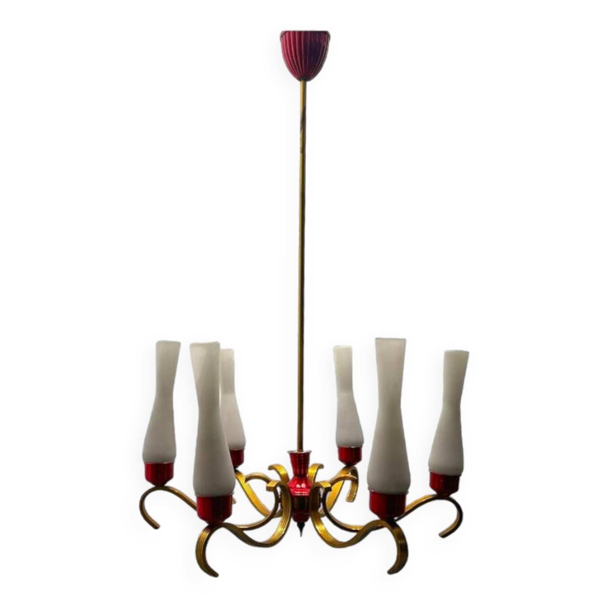 Vintage Opaline Glass Brass Chandelier 1950’s