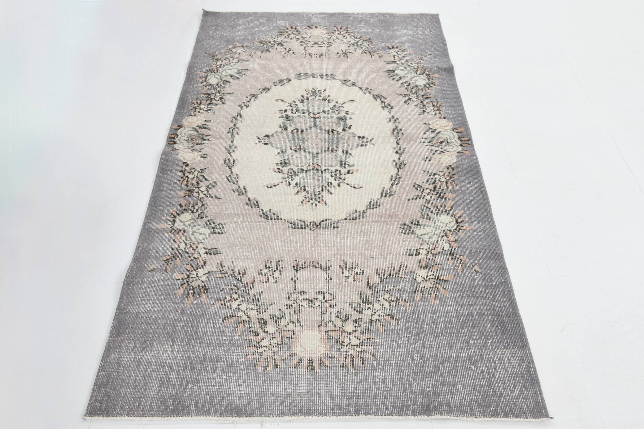3x6 Gray & Cream Oriental Turkish Vintage Rug, 110x192Cm