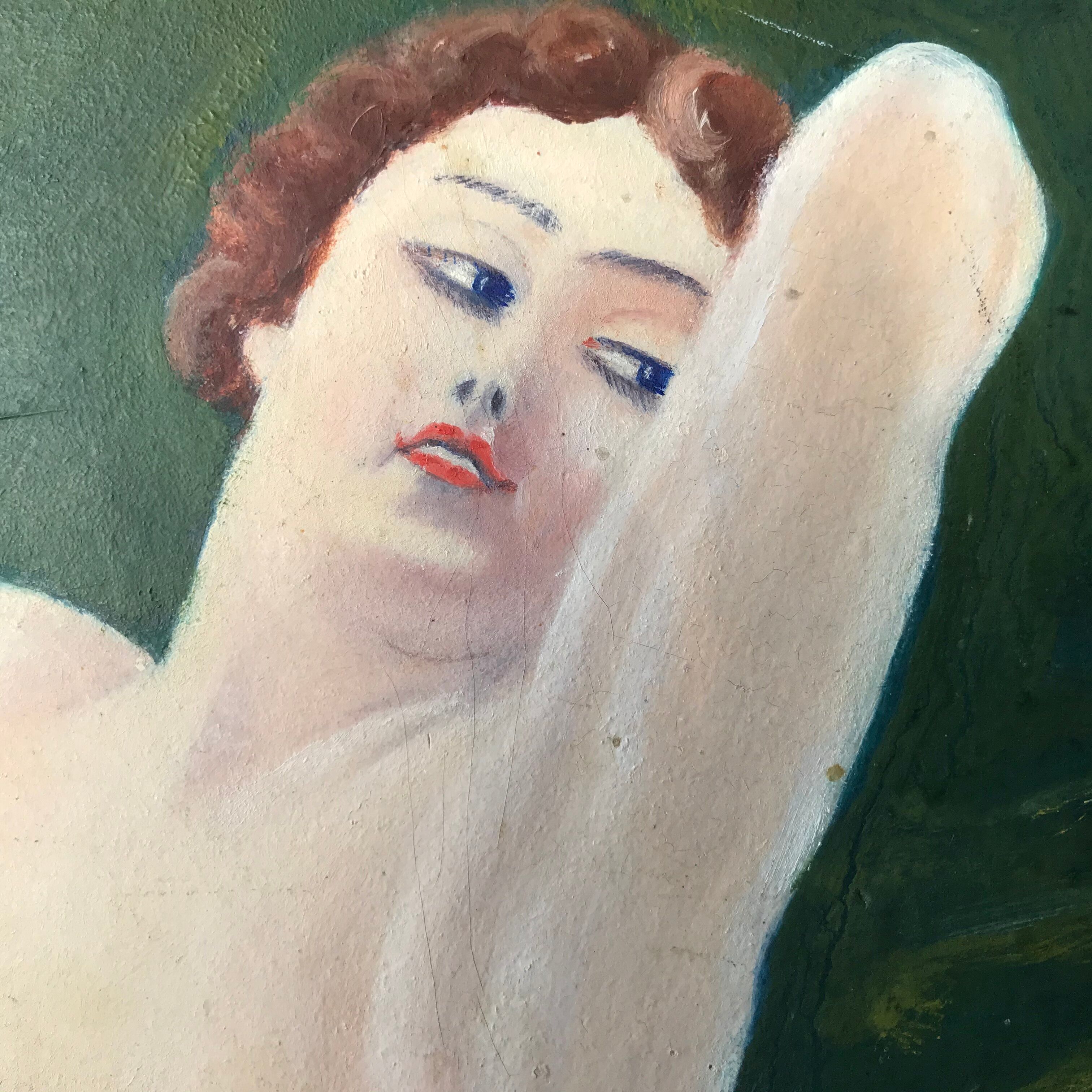 Old oil painting on large format cardboard 1920 nymph at the edge of a lake