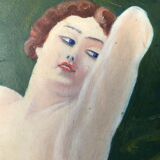 Old oil painting on large format cardboard 1920 nymph at the edge of a lake