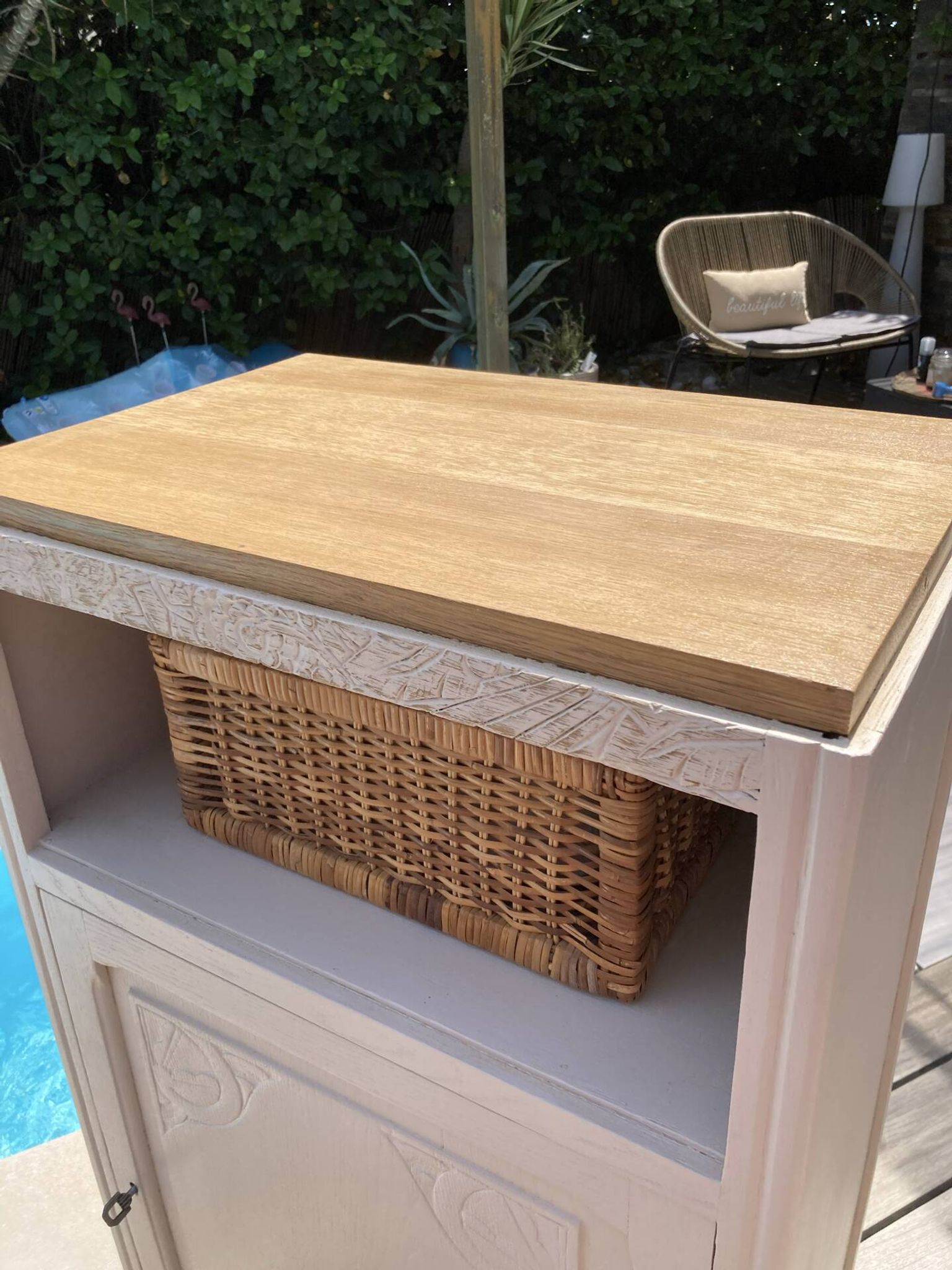 Beautiful art deco jam cupboard in delicate beige tone / and wicker basket
