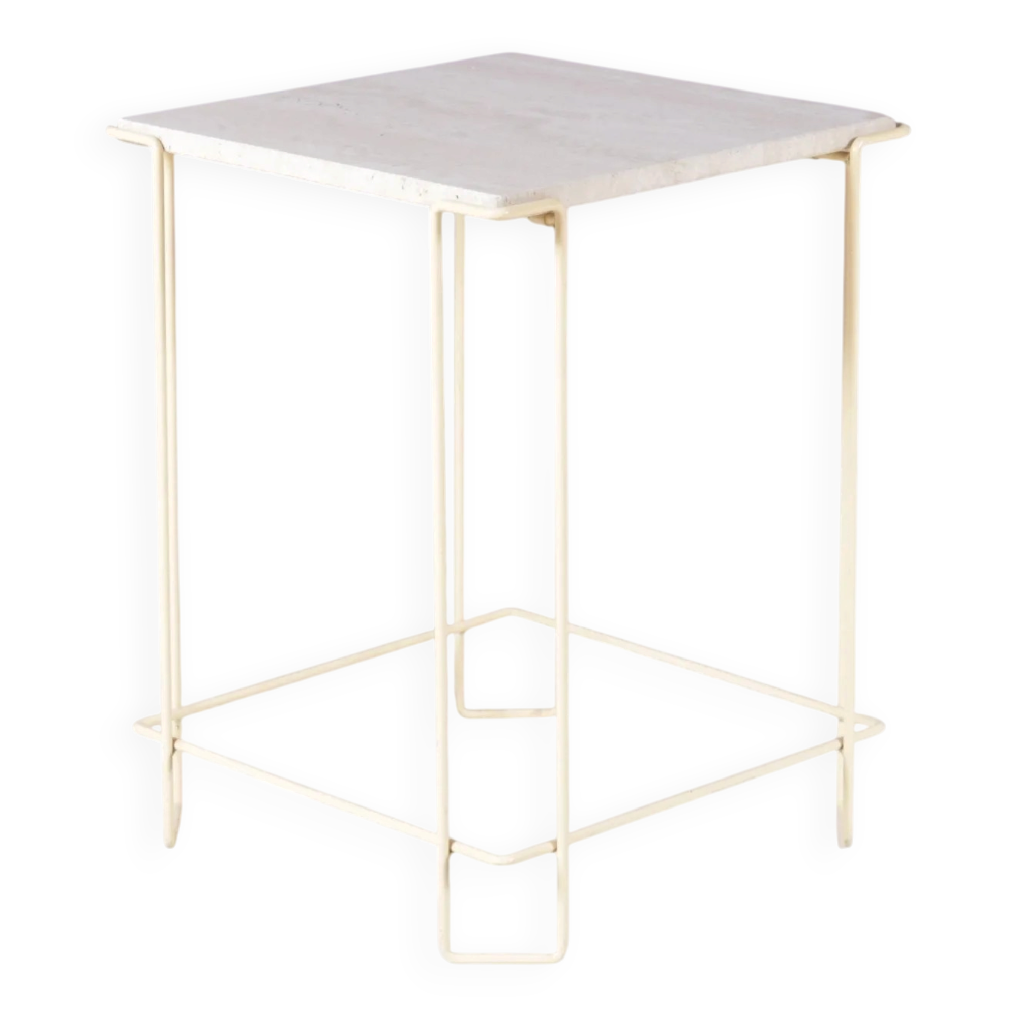 1980s side table beige metal frame with travertine top in the style of Max Sauze