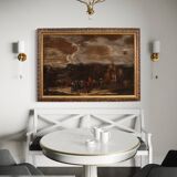 Grand tableau de paysage italien avec personnages du XVIIIe siècle