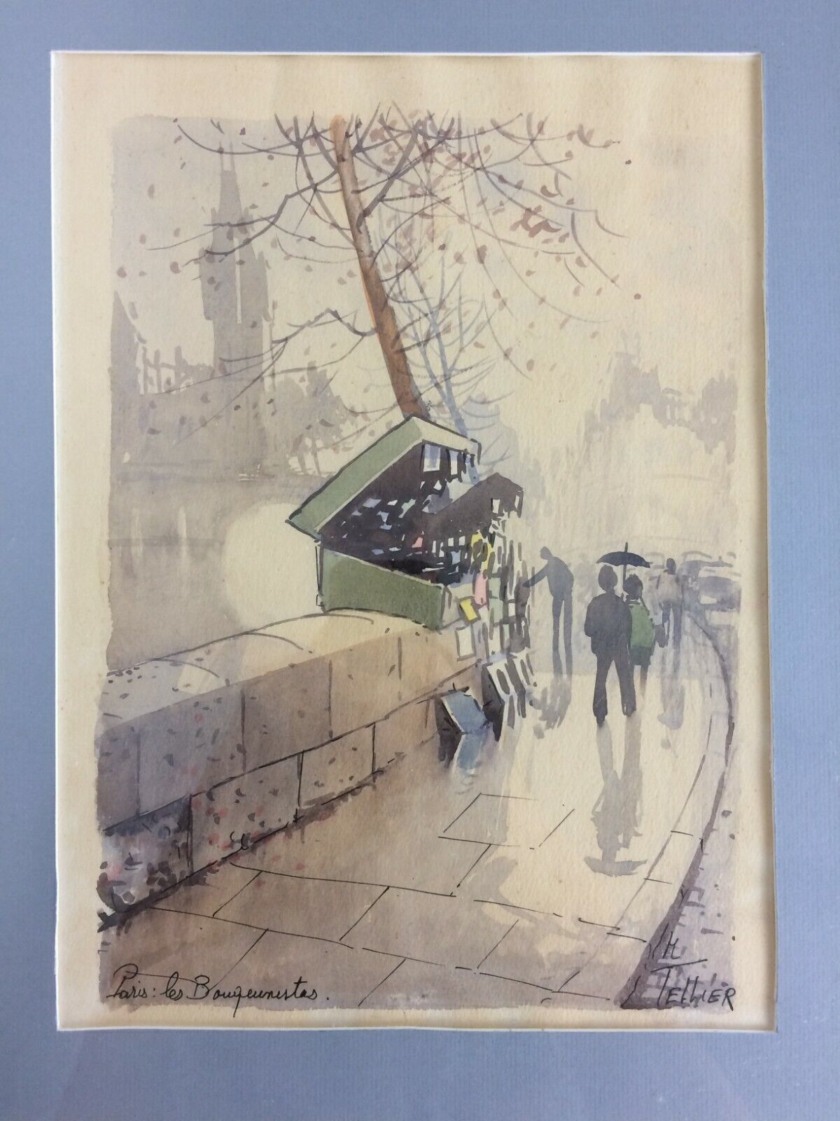 Tableau Les Bouquinistes signé H Tellier aquarelle