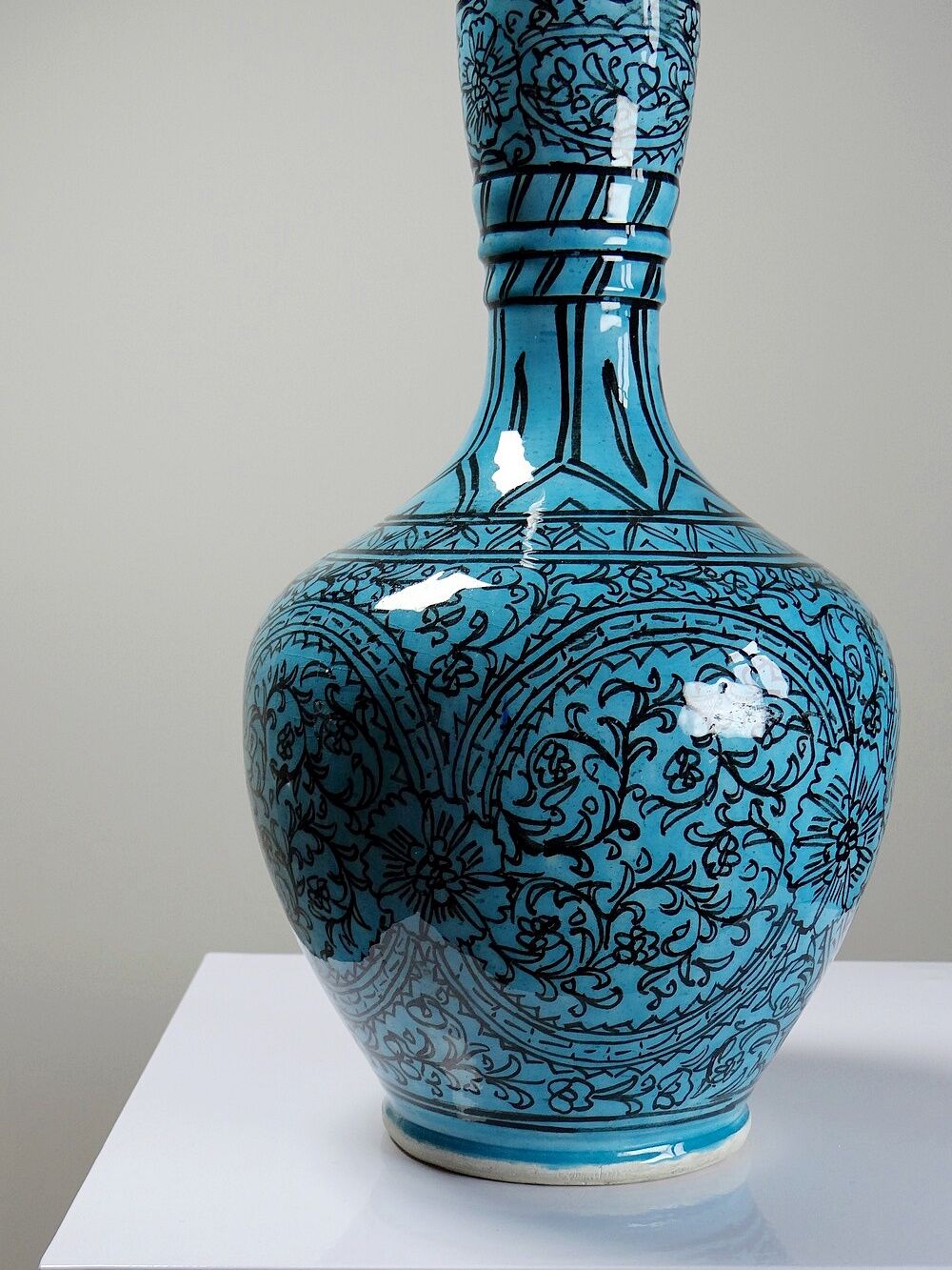 Covered vase or Persian jar, glazed Iznik pottery, vintage turquoise painted.