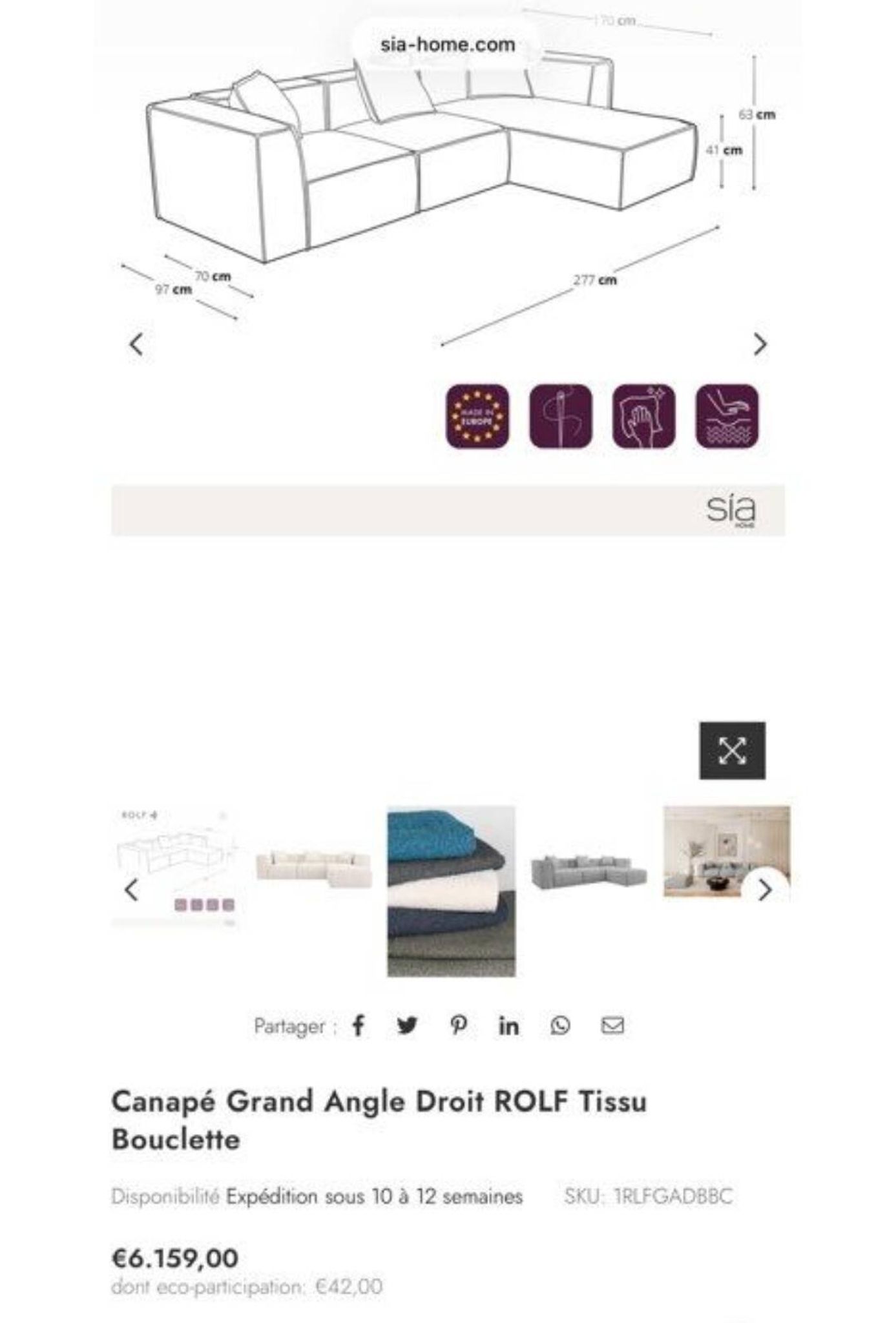 Right angle sofa ROLF Boucle fabric