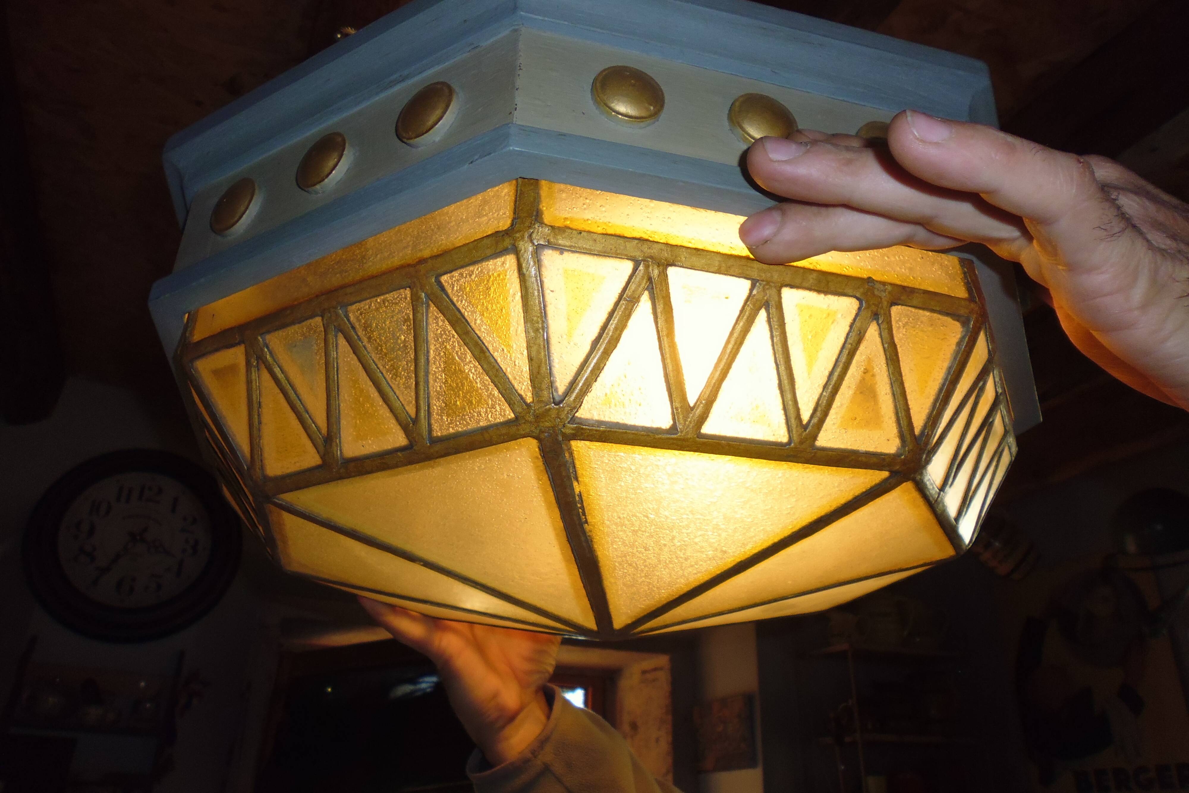 Large octagonal ceiling art deco wood and 1940s bubbled glass