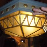 Large octagonal ceiling art deco wood and 1940s bubbled glass