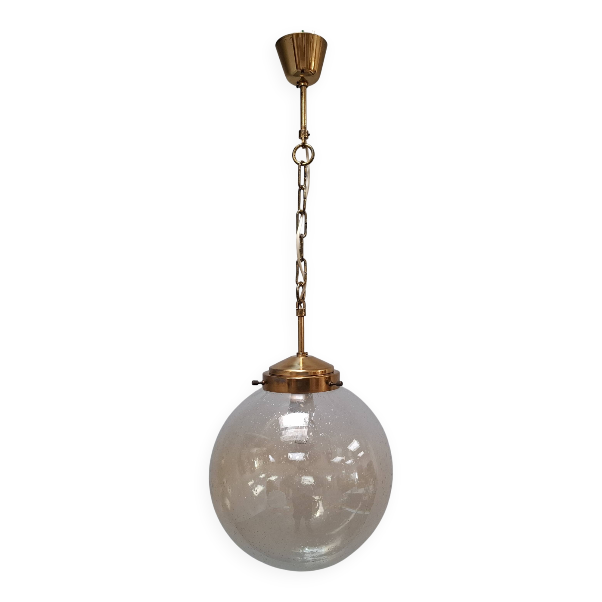 Midcentury Brass and Smoked Bubble Glass Pendant by Kamenický Šenov, 1960s
