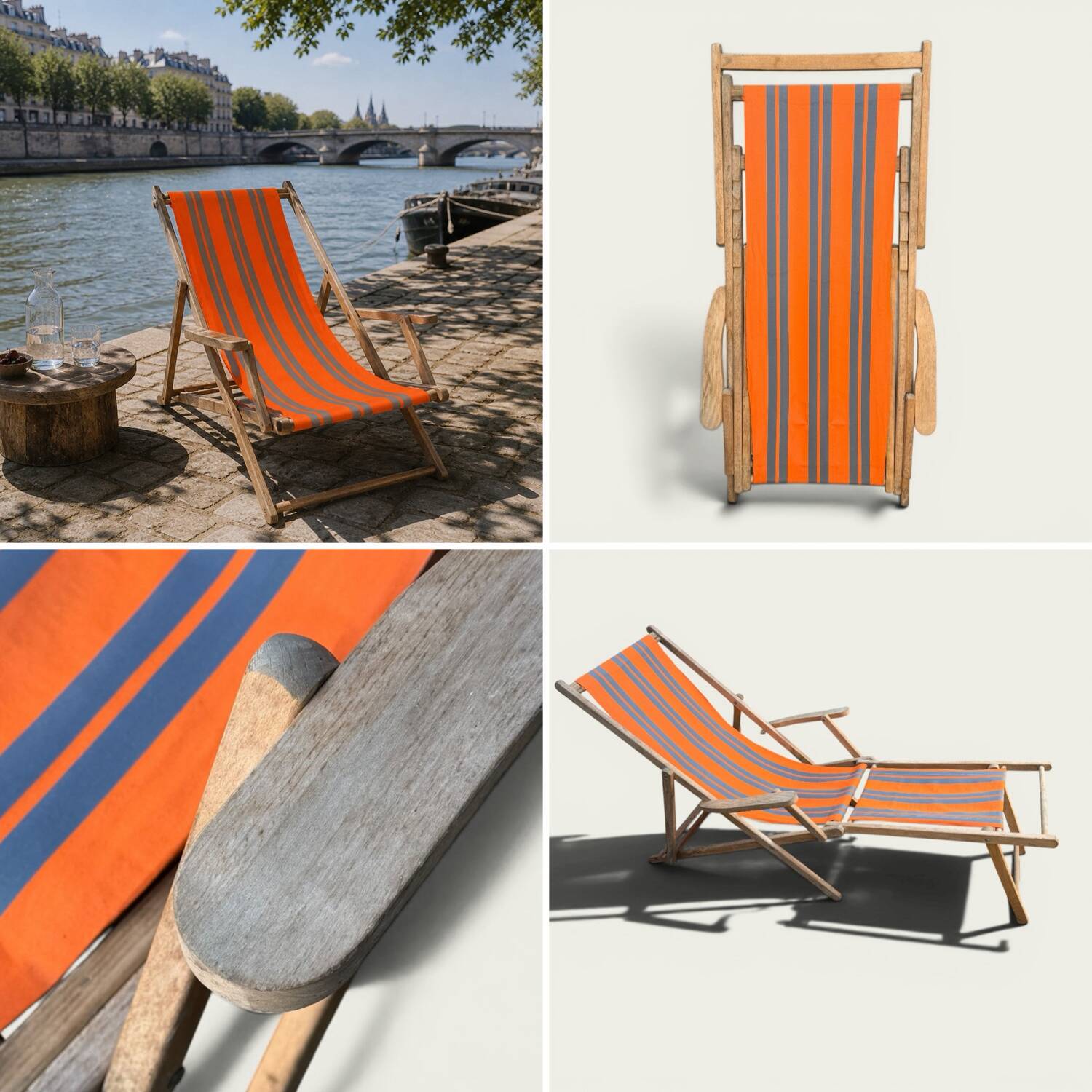 Vintage deck chair with orange and grey striped fabric, original patina.