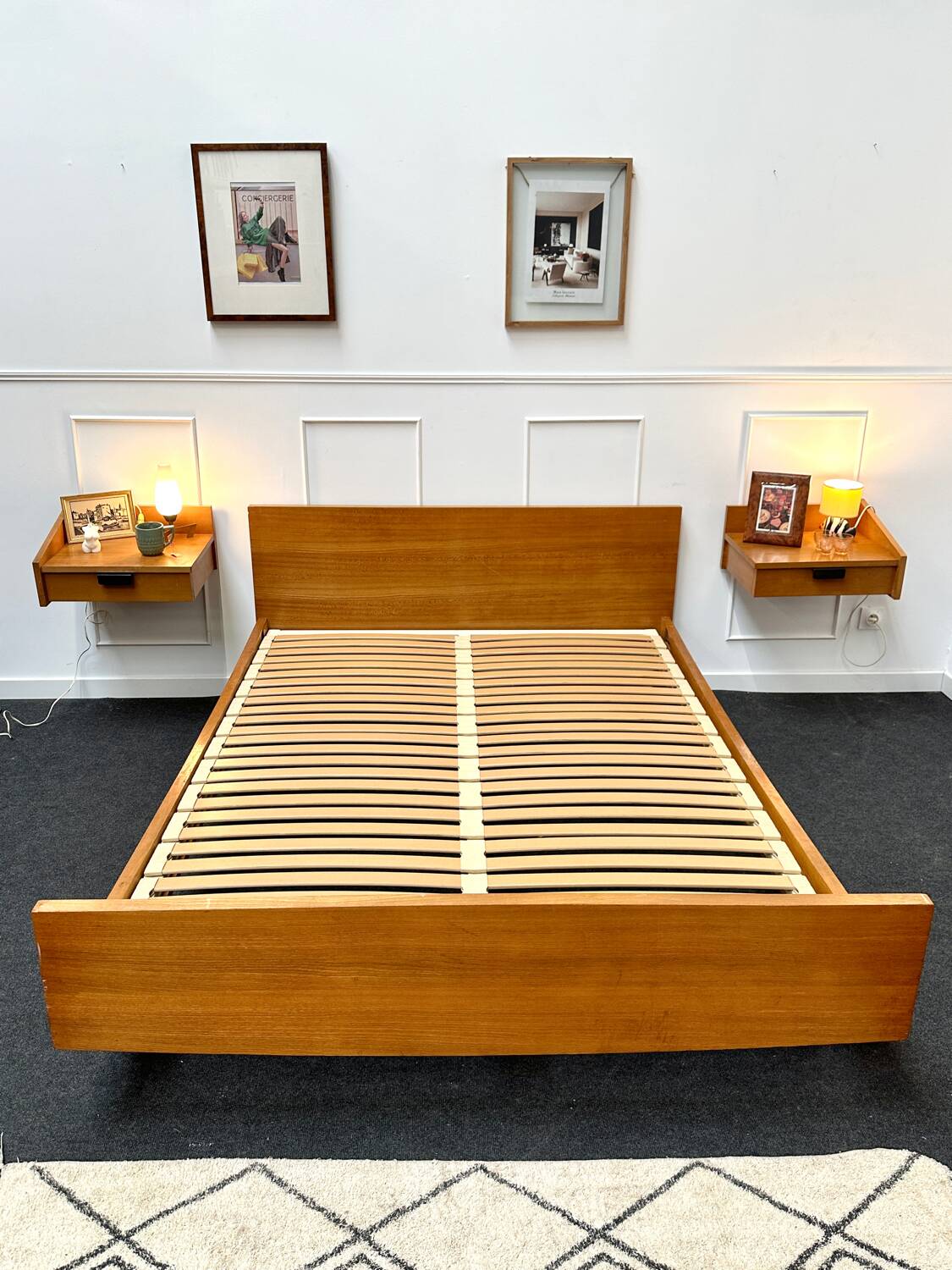 Vintage double bed and bedside tables