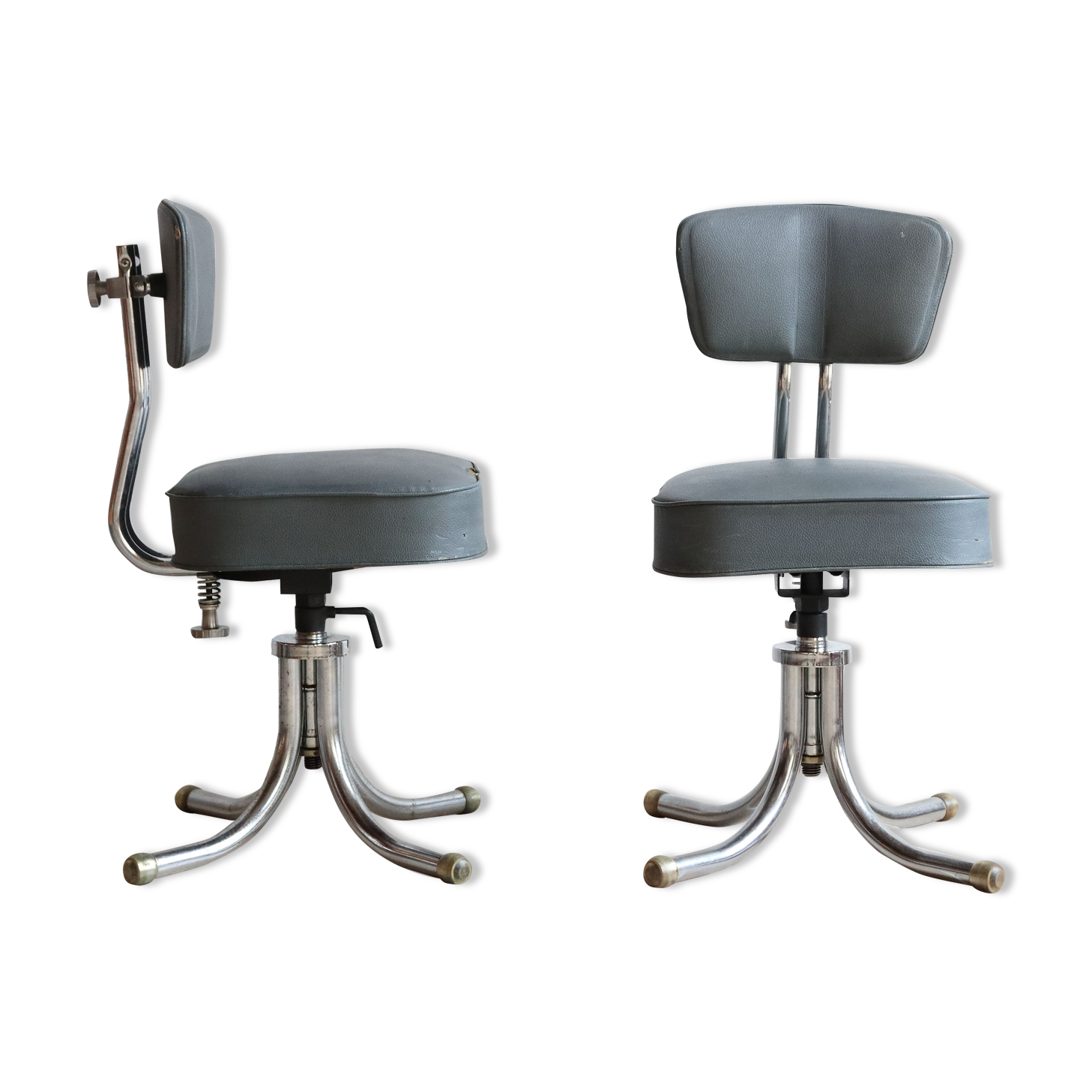 Pair of workshop chairs from the 50s in chrome steel and imitation leather
