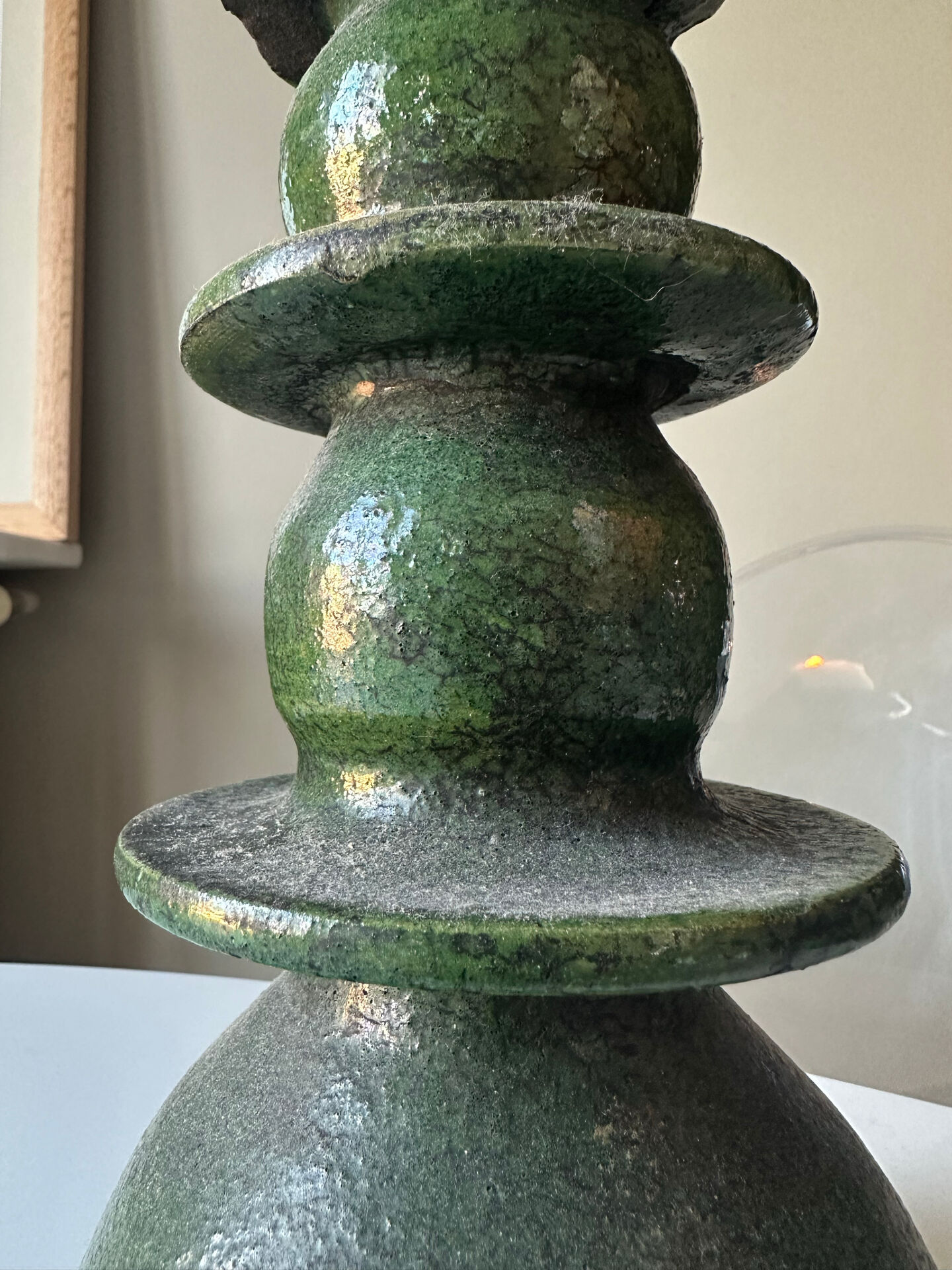 Large sculptural Moroccan candlestick in green Tamegroute ceramic.