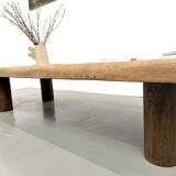 XXL oval coffee table in solid oak, cylindrical base, 1950s.