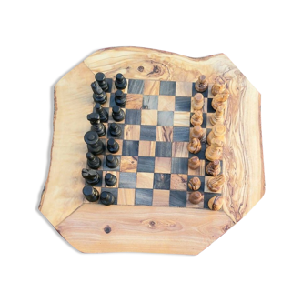 Rustic olive wood chessboard with drawers