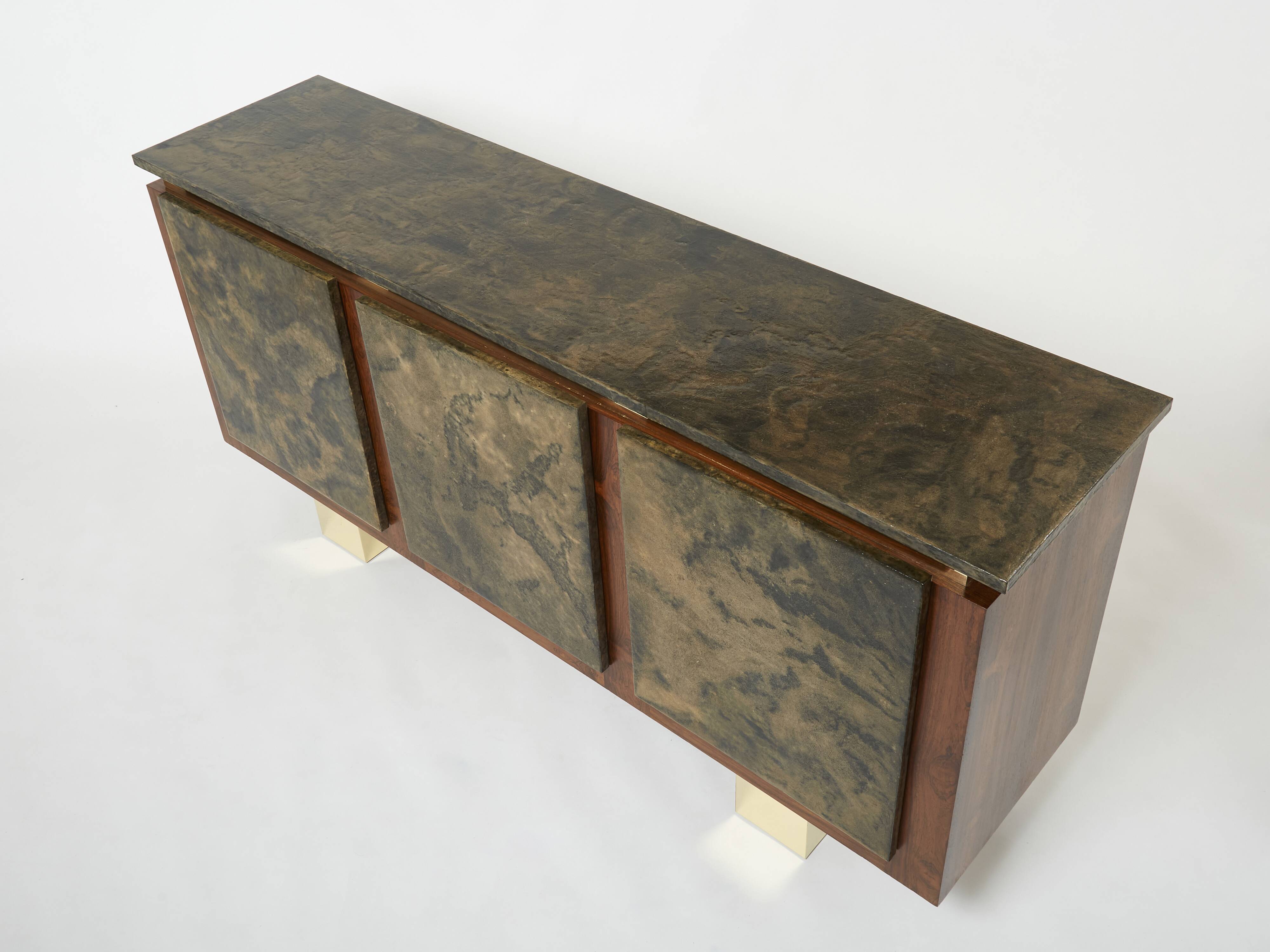 Brutalist Belgian enfilade in rosewood, resin, and brass from around 1970.