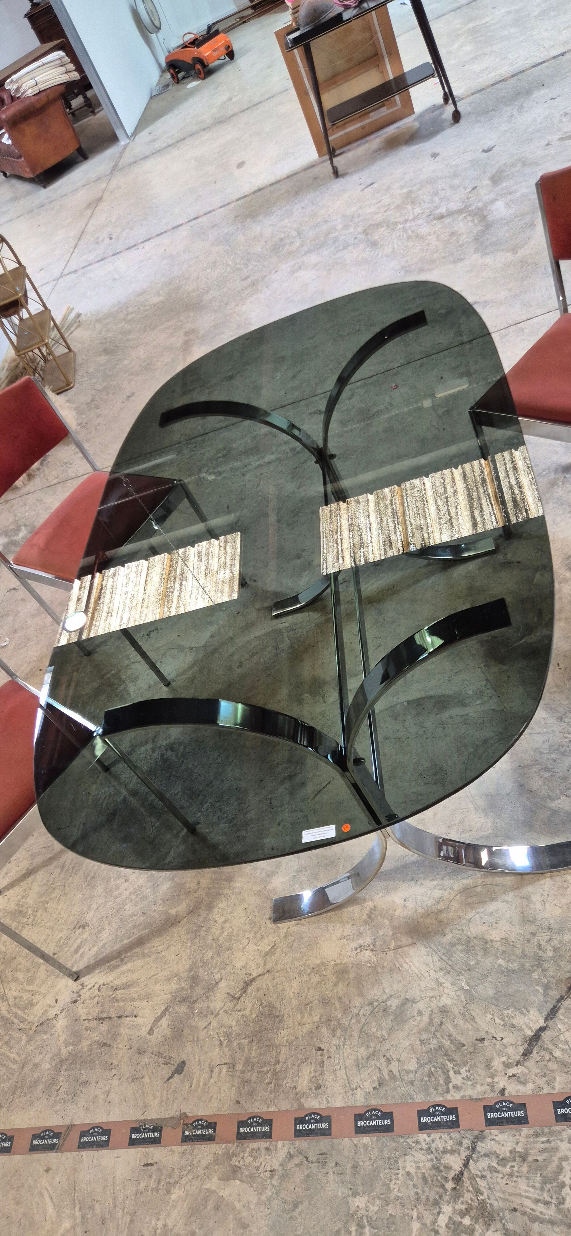 Dining room table + 4 stainless steel and smoked glass chairs 1970
