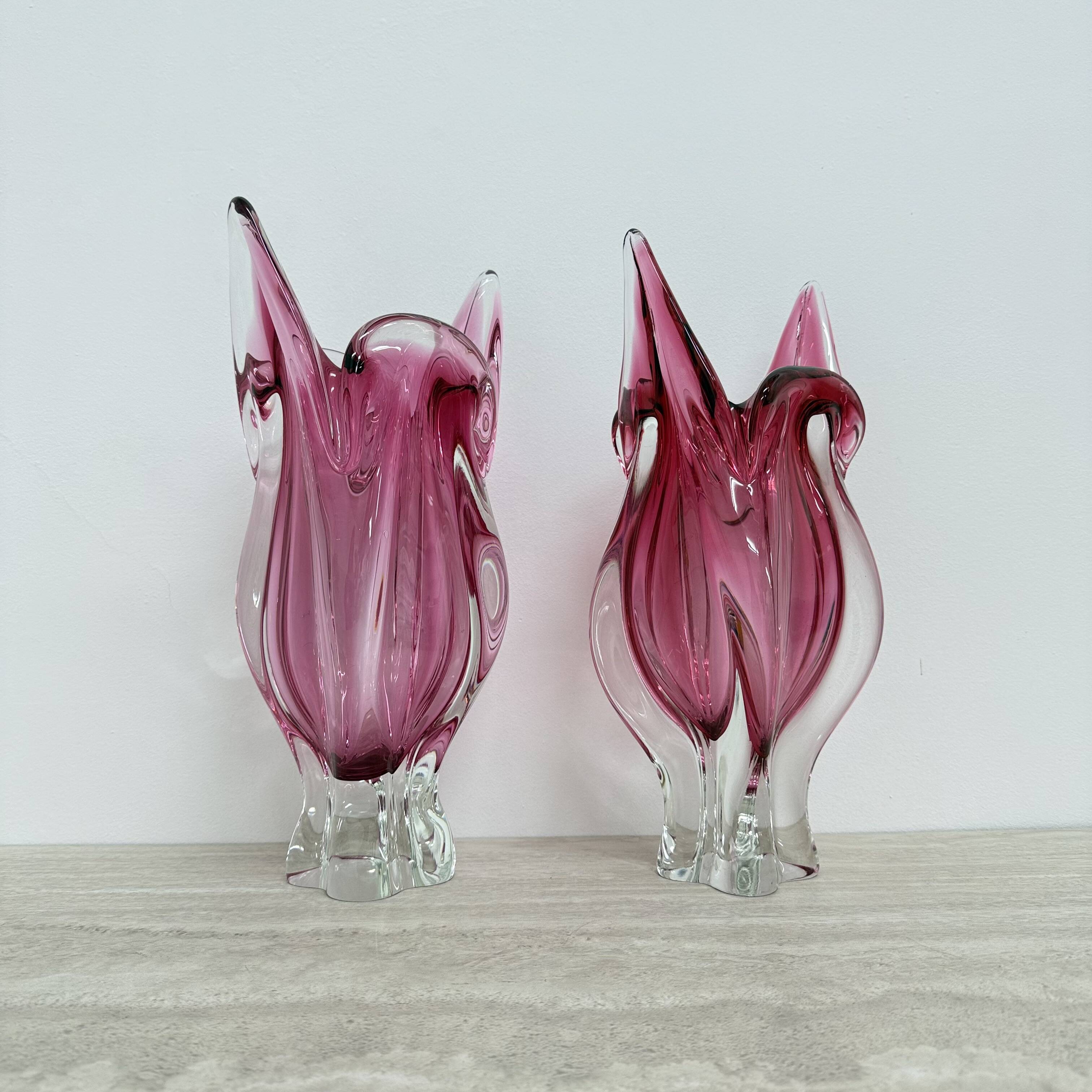 Pair of pink murano glass hand made vases , 1970’s Italy
