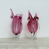 Pair of pink murano glass hand made vases , 1970’s Italy