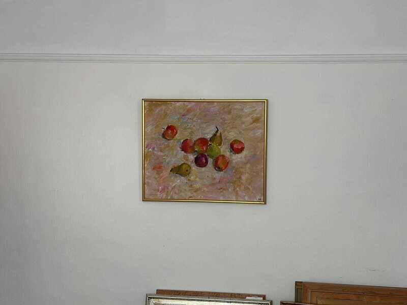 Original Swedish oil on canvas – “Frukt” by Bente Bjerregaard – dated 1989 – vintage & framed 59 × 70 cm