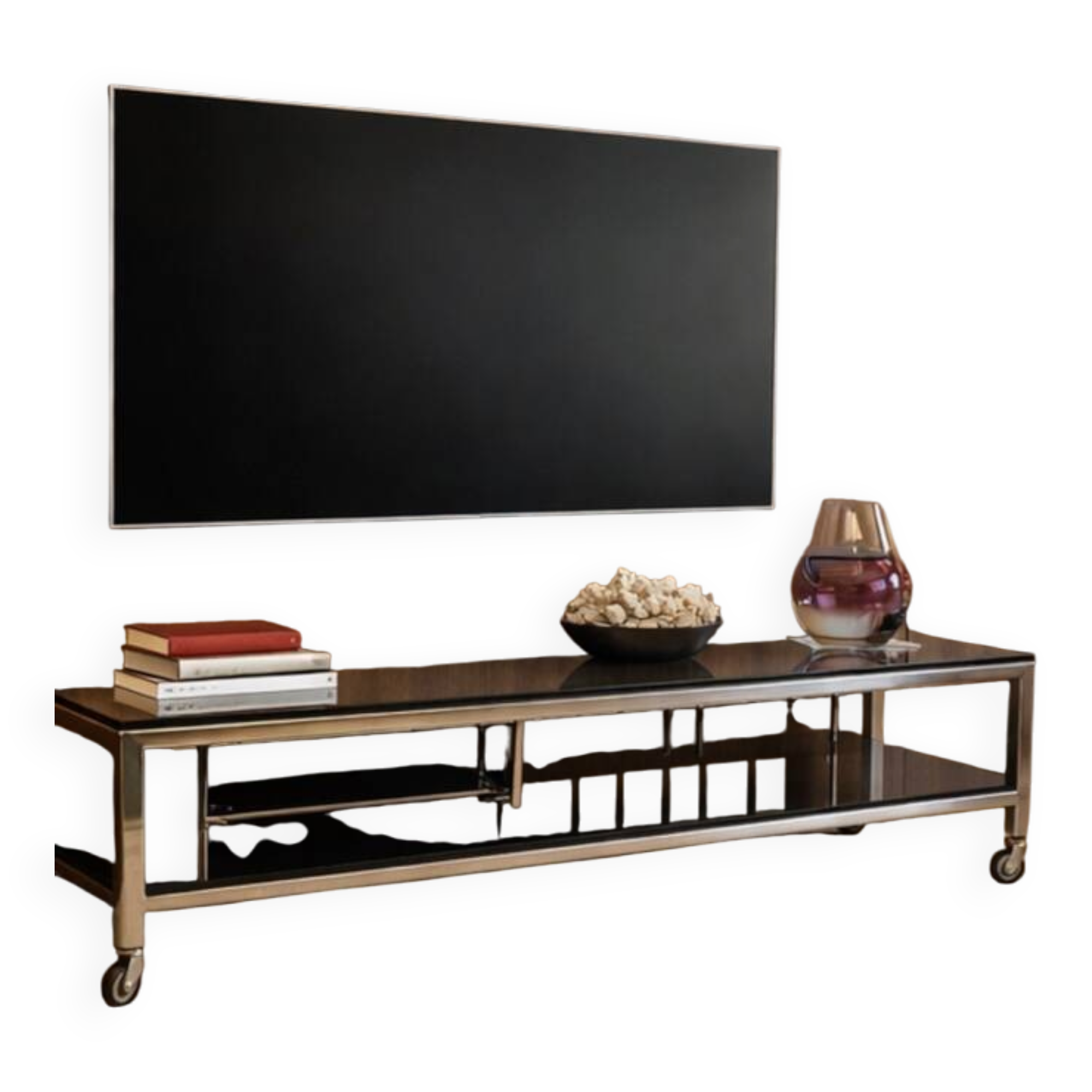 Table basse design vintage chrome et verre fumé noir sur roulettes
