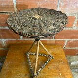 Vintage wooden tripod side table + woven wicker top