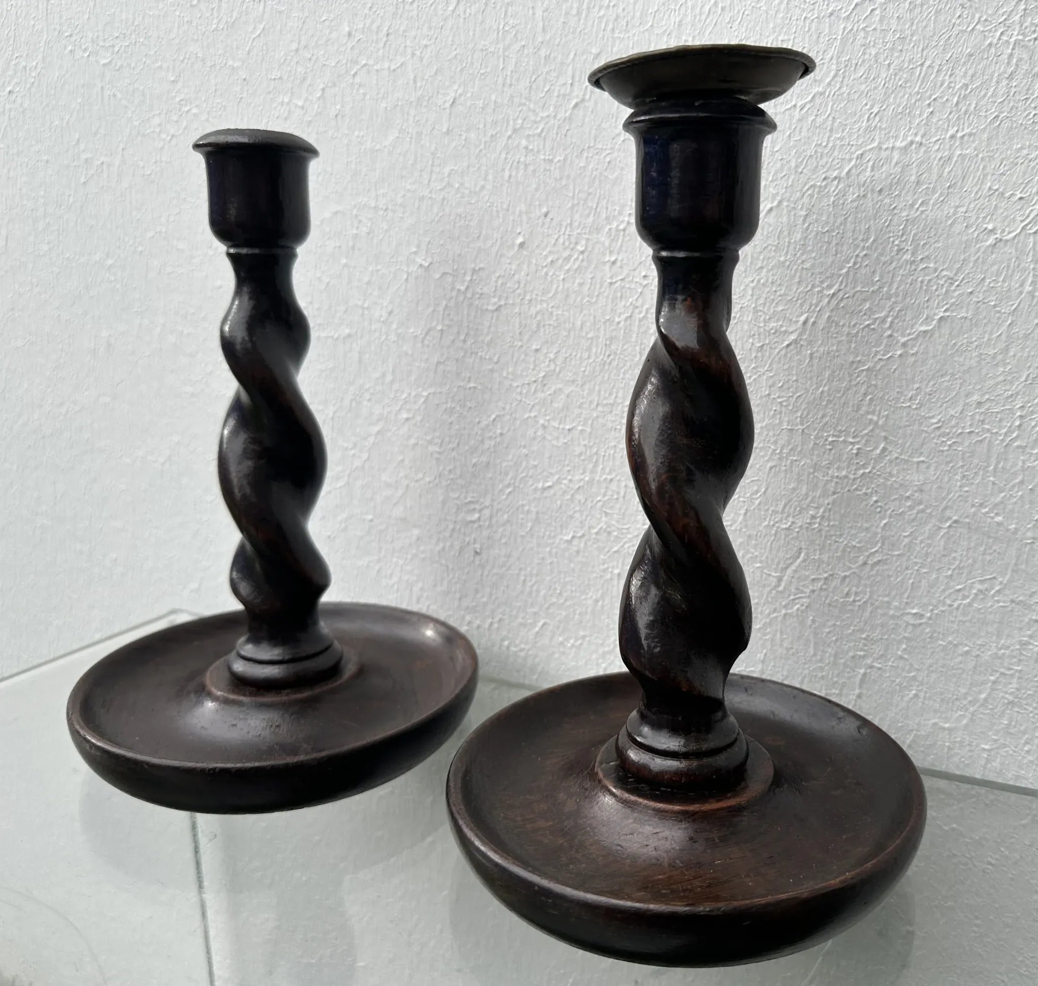 Pair of English oak Barley Twist candlesticks