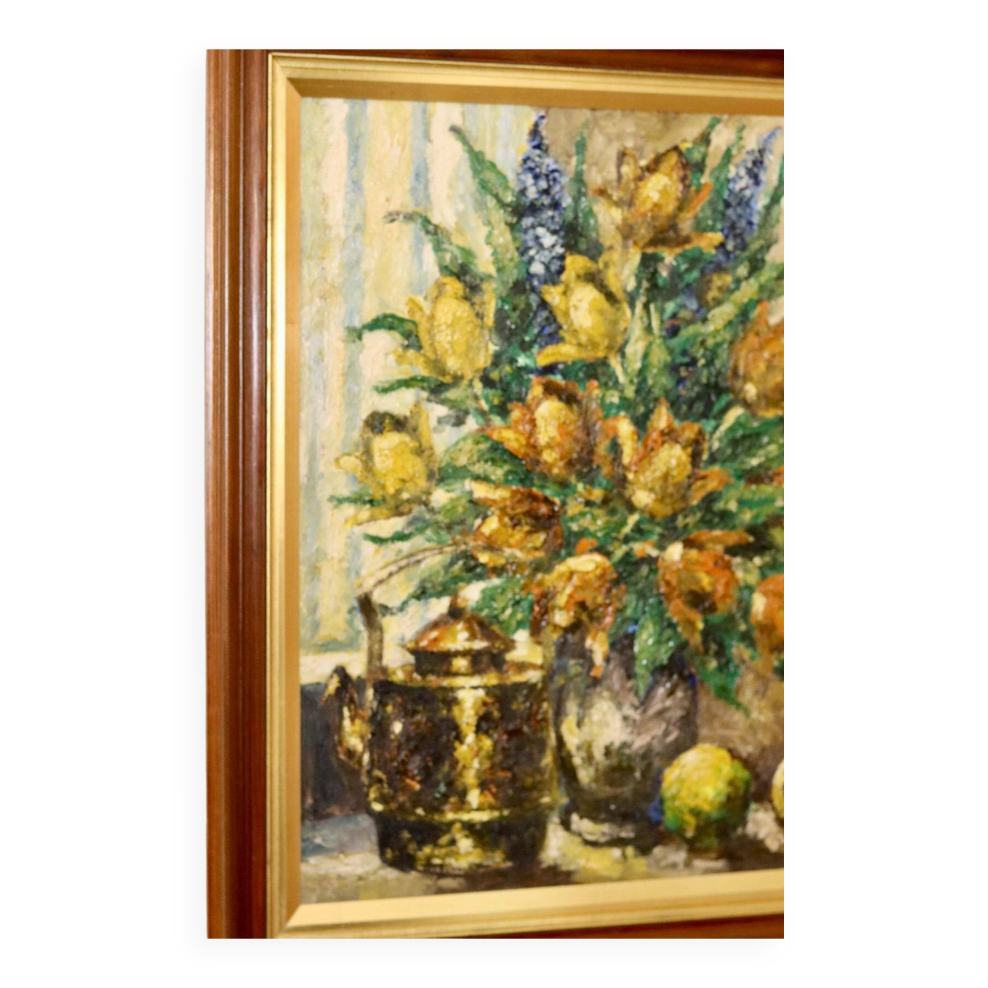 Oil painting on Swedish canvas from the mid-century "Floral Still Life" by Lars DraabyeK -- Vintage and framed.