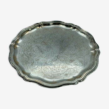 Round dish in silver metal engraved polylobe 1900 floral decoration